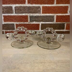 Vintage Pair Clear Bubble Glass Candlestick Holders Imperial Candlewick 1940s‎
